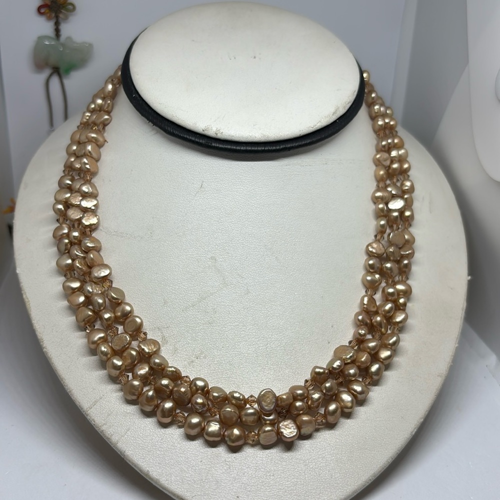 6-7mm nuggets shaped freshwater pearl triple strand with 4mm Bicon crystal